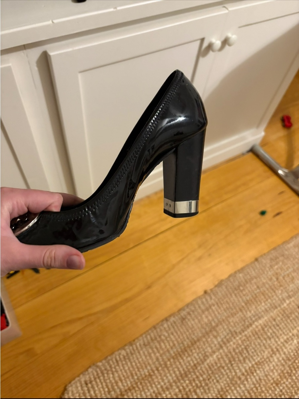 Tory Burch Black Patent Block Heel Pumps with Silver Accent